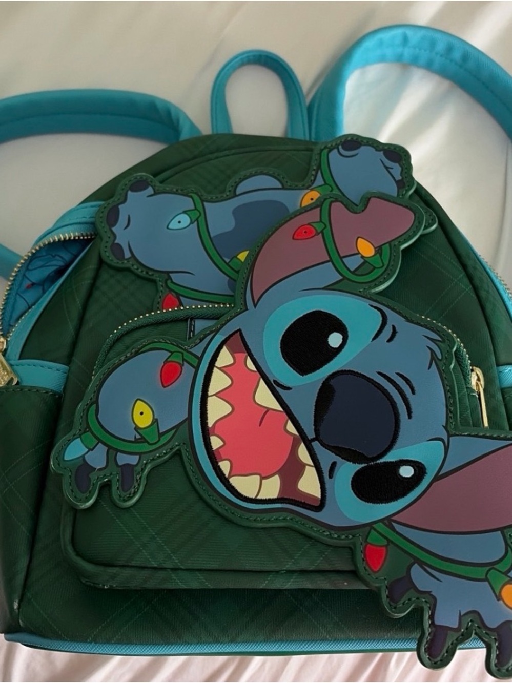 Loungefly Green Mini Backpack with Turquoise Trim and Stitch Applique